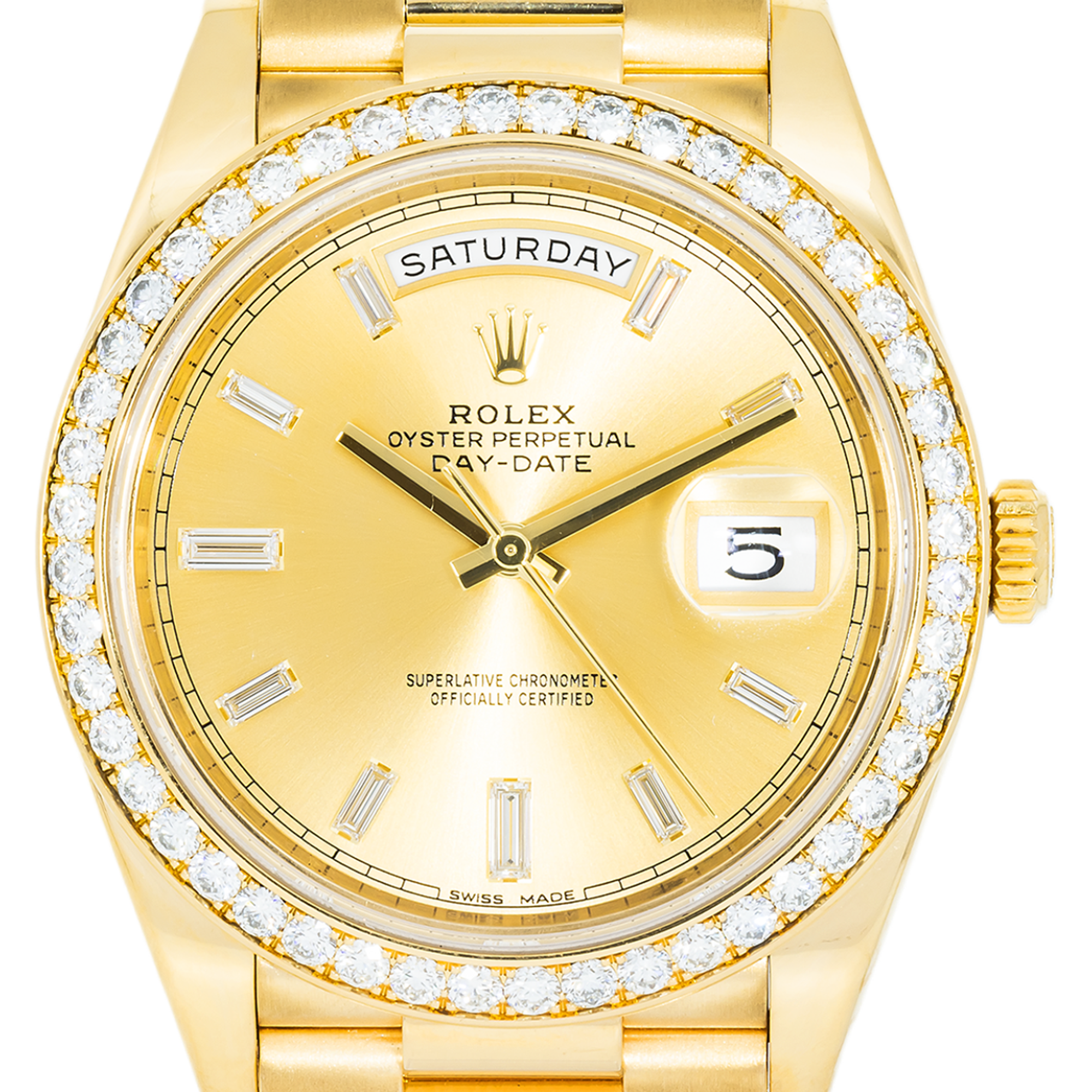 18k Yellow Gold Day-Date 40mm, 228348RBR Factory Diamond Bezel and President Bracelet