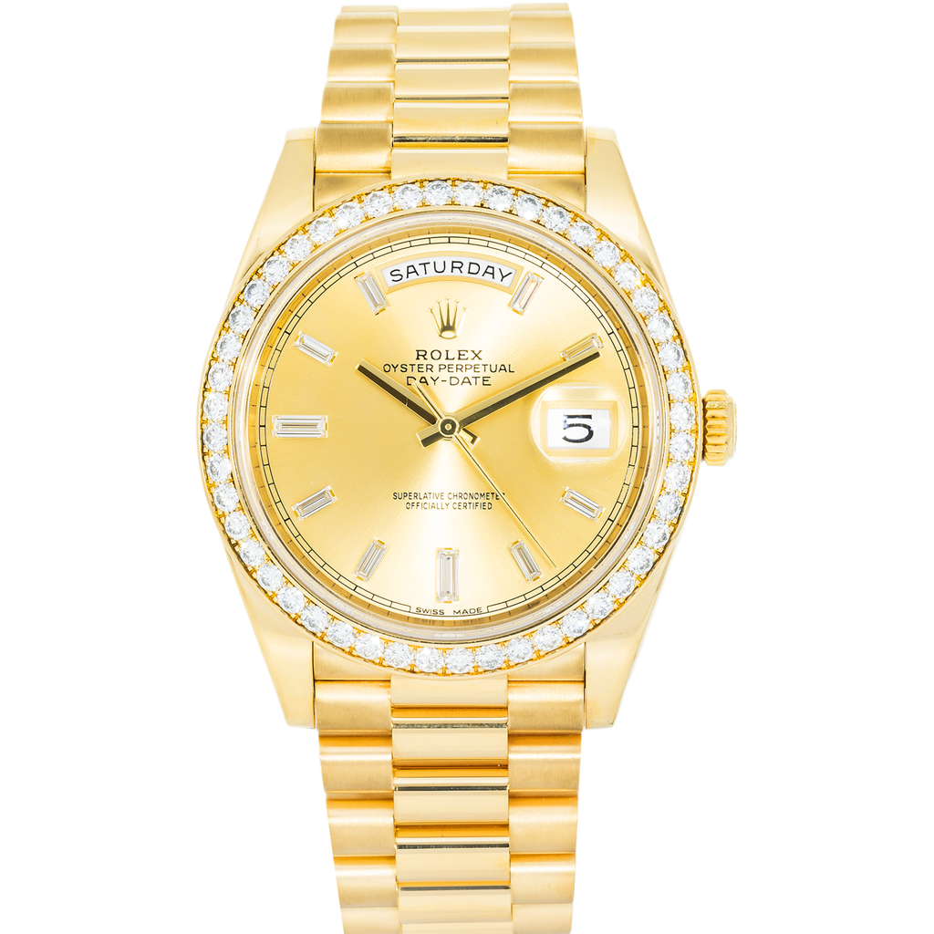18k Yellow Gold Day-Date 40mm, 228348RBR Factory Diamond Bezel and President Bracelet