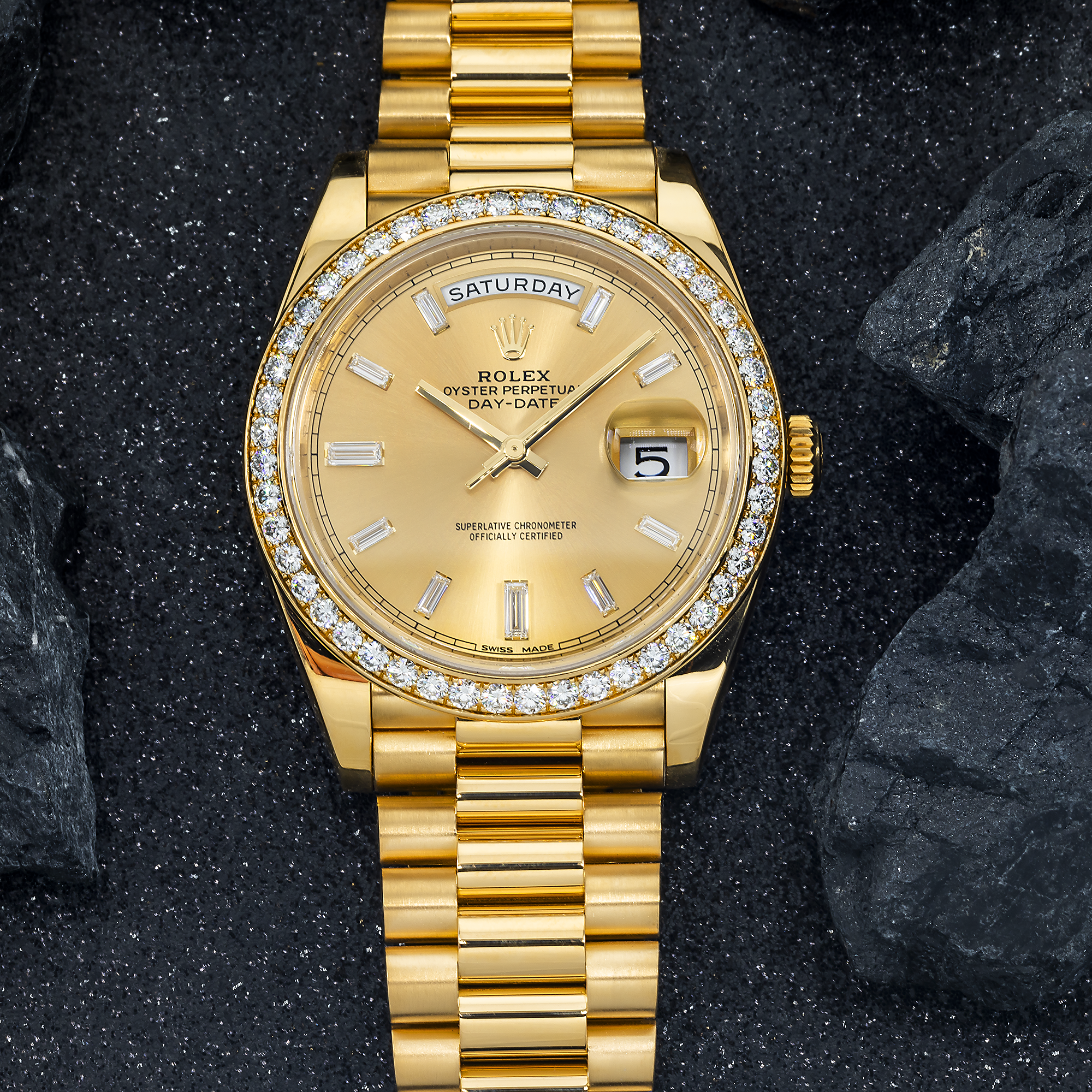 18k Yellow Gold Day-Date 40mm, 228348RBR Factory Diamond Bezel and President Bracelet