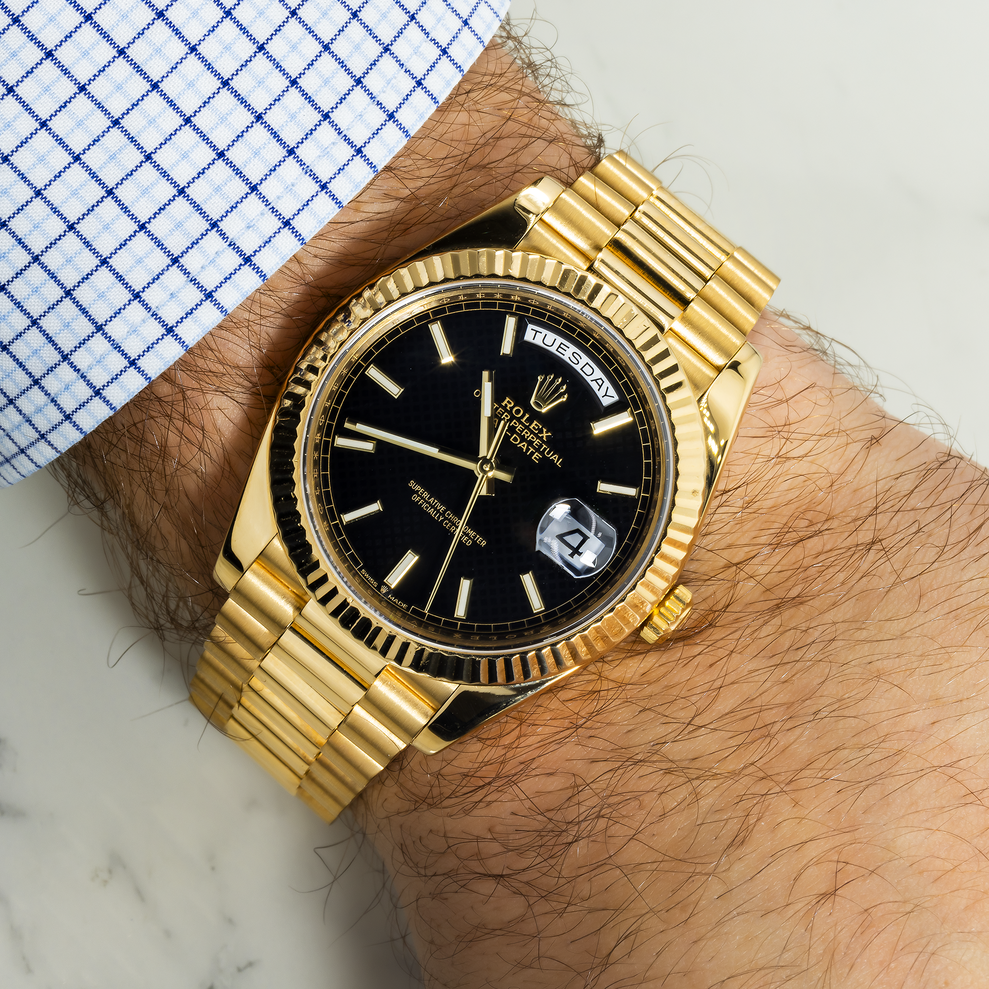 18k Yellow Gold Day-Date 40mm, 228238 Black Dial and President Bracelet