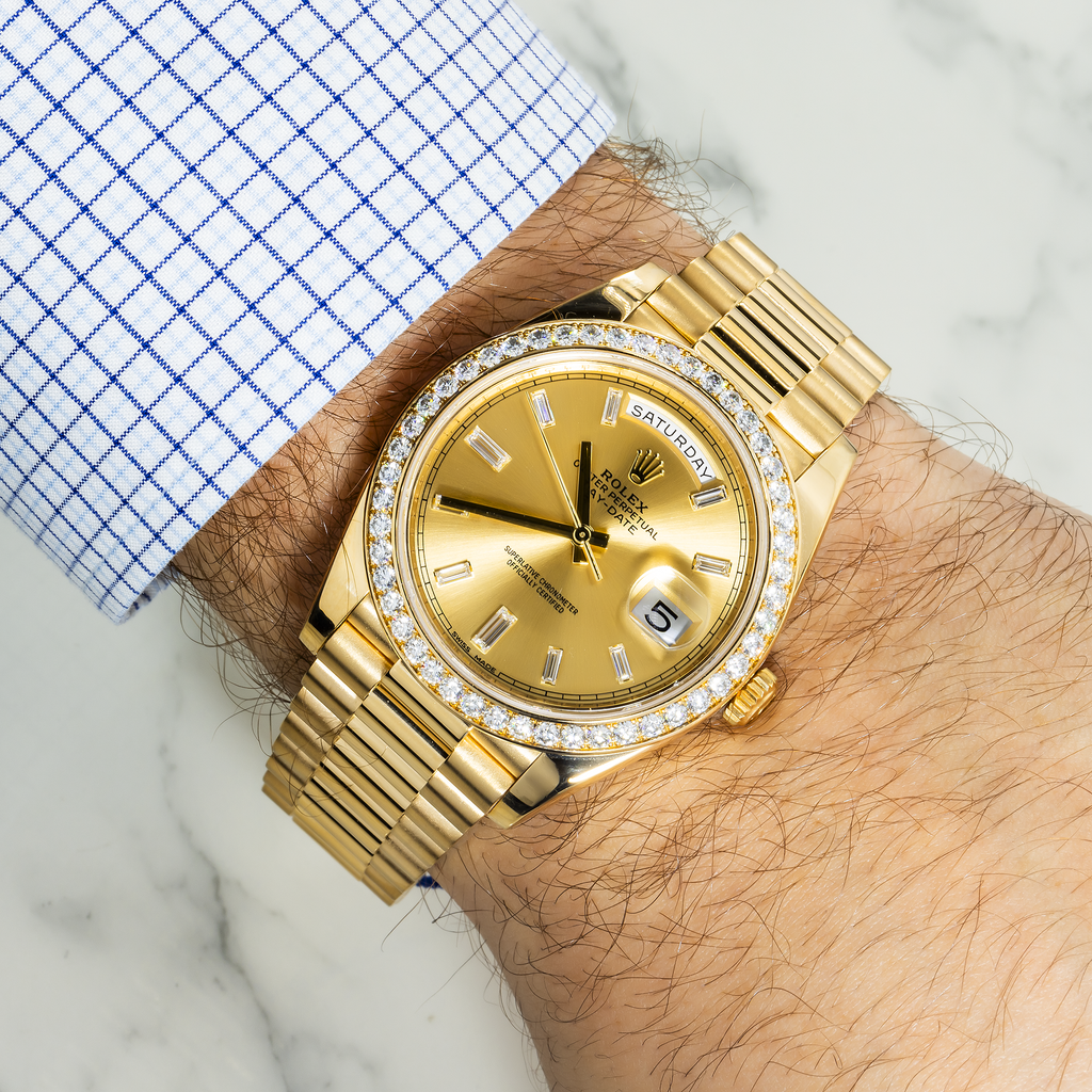 18k Yellow Gold Day-Date 40mm, 228348RBR Factory Diamond Bezel and President Bracelet