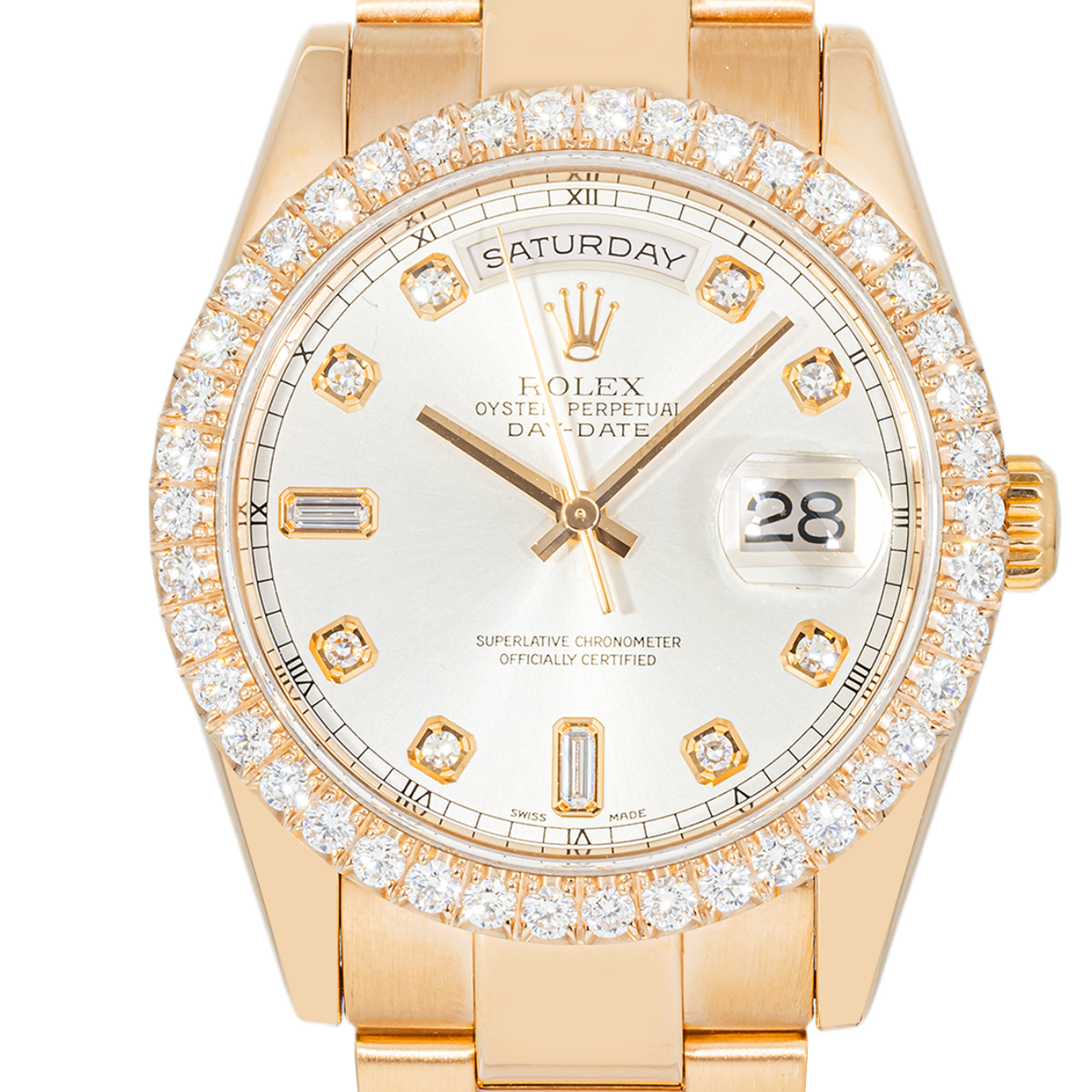 Day-Date 118205 36mm Everose Gold Silver Diamond Dial Diamond Bezel President