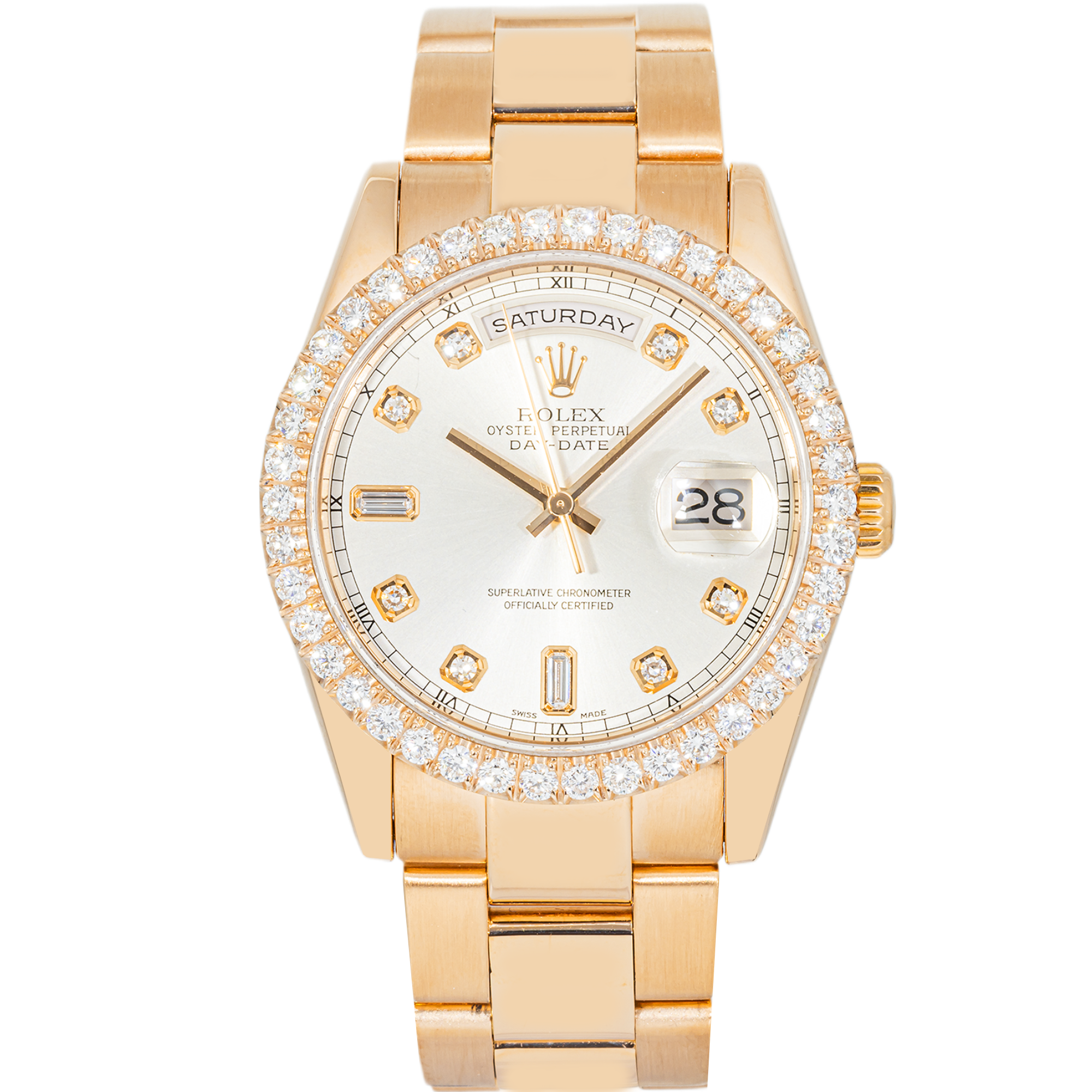 Day-Date 118205 36mm Everose Gold Silver Diamond Dial Diamond Bezel President