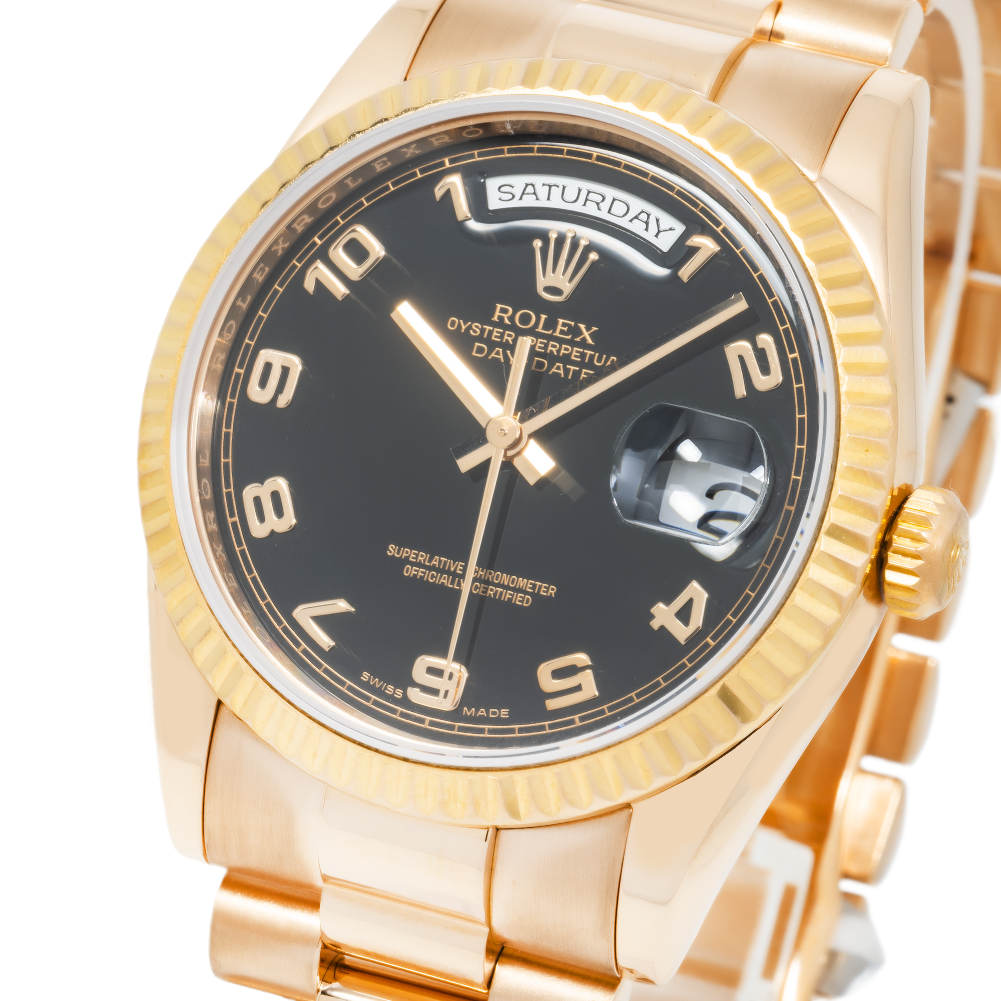 Rolex Day-Date 36mm 118235 Everose Gold Black Arabic Dial President Bracelet Men’s Watch (Year: 2000 to 2005)-Rolex-JD Watches NY