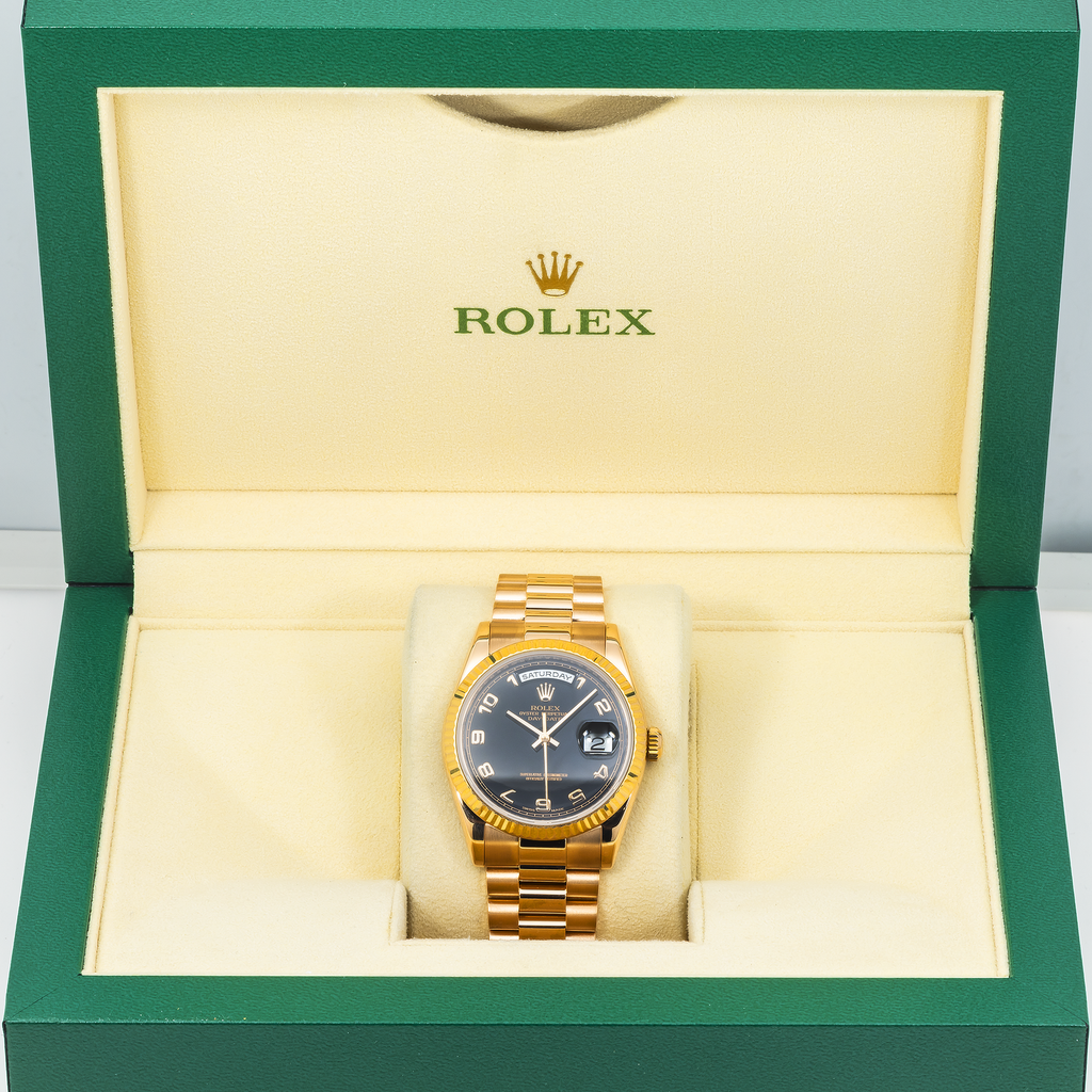 Rolex Day-Date 36mm 118235 Everose Gold Black Arabic Dial President Bracelet Men’s Watch (Year: 2000 to 2005)-Rolex-JD Watches NY