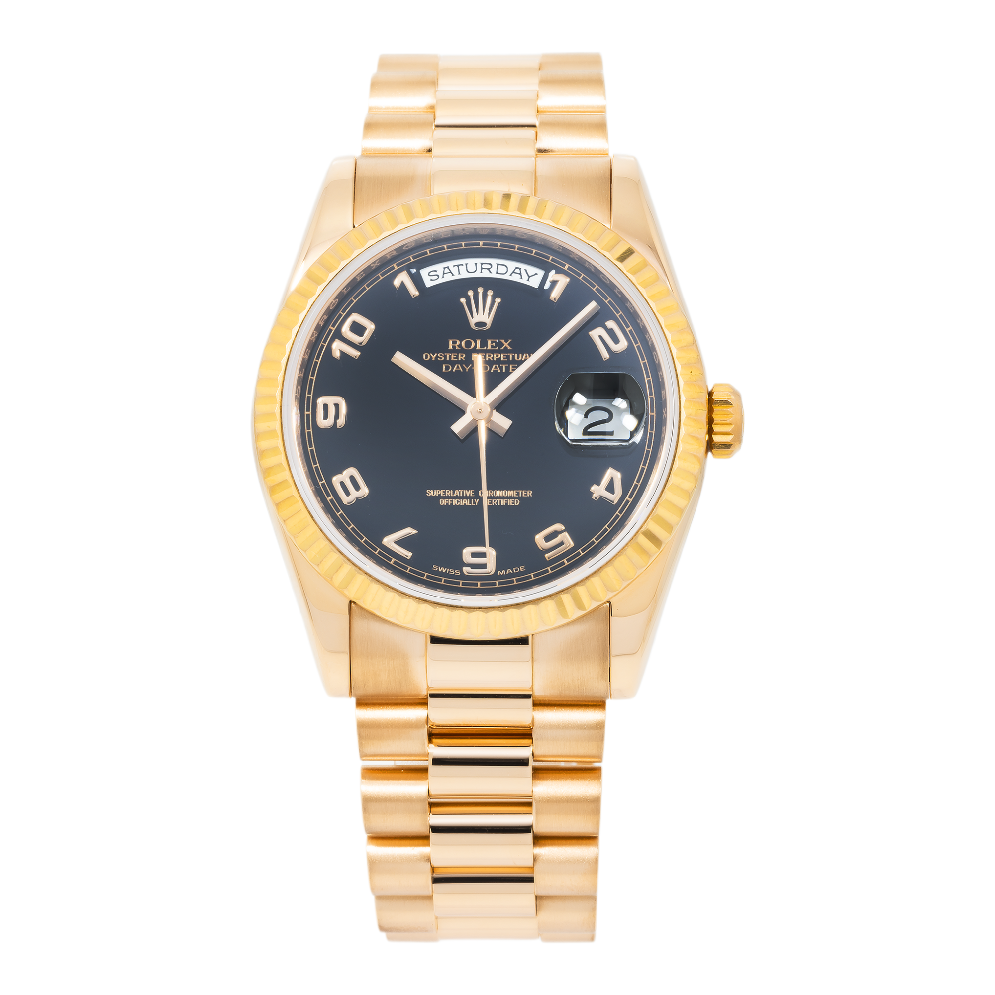 Rolex Day-Date 36mm 118235 Everose Gold Black Arabic Dial President Bracelet Men’s Watch (Year: 2000 to 2005)-Rolex-JD Watches NY