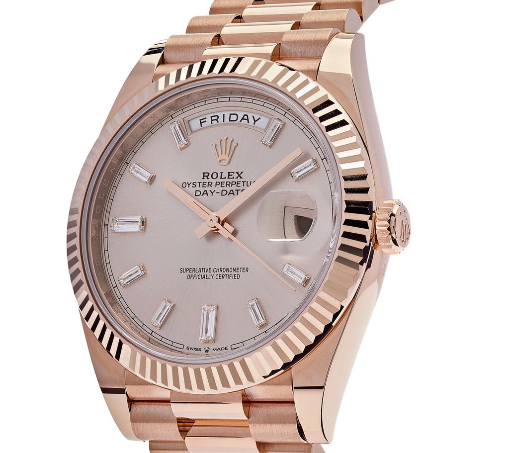 Day-Date 40 – 18k Everose Gold with Sundust Diamond Dial and President Bracelet Ref. 228235