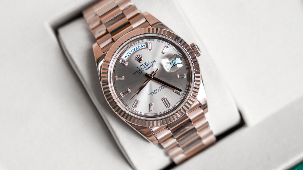Day-Date 40 – 18k Everose Gold with Sundust Diamond Dial and President Bracelet Ref. 228235