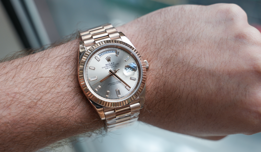 Day-Date 40 – 18k Everose Gold with Sundust Diamond Dial and President Bracelet Ref. 228235