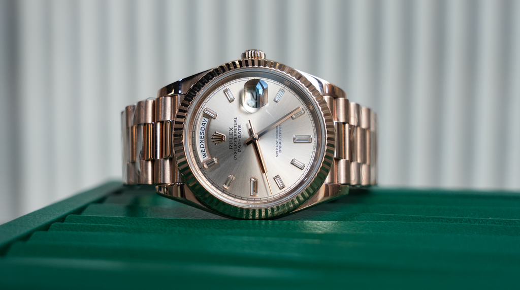 Day-Date 40 – 18k Everose Gold with Sundust Diamond Dial and President Bracelet Ref. 228235
