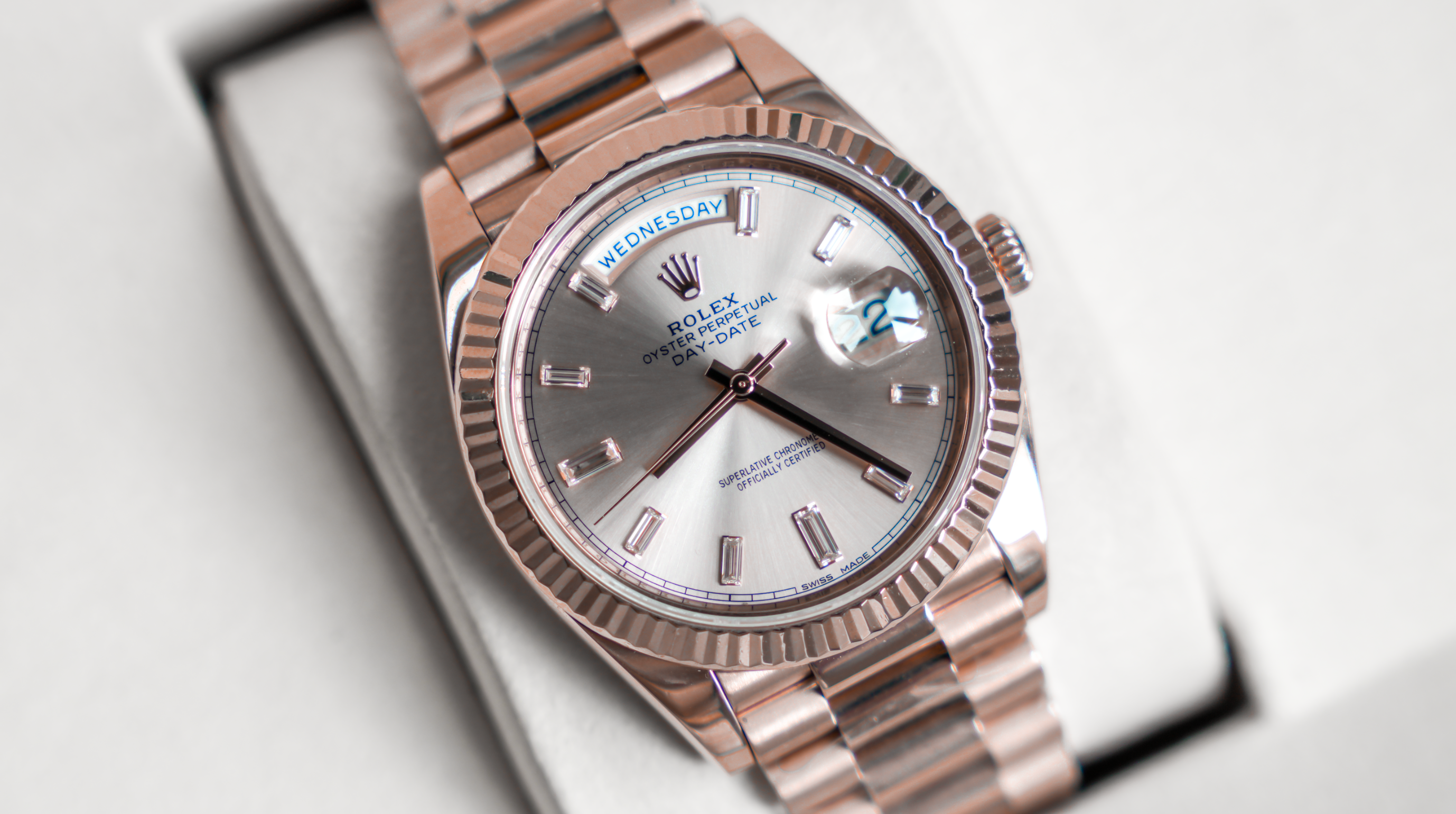 Day-Date 40 – 18k Everose Gold with Sundust Diamond Dial and President Bracelet Ref. 228235