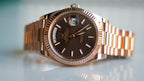 Rolex Day-Date 40 Chocolate Diagonal Motif Dial & Fluted Bezel 18K Everose Gold President 228235-Rolex-JD Watches NY