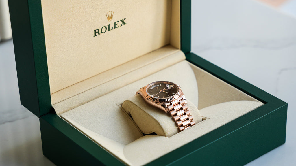 Rolex Day-Date 40 Chocolate Diagonal Motif Dial & Fluted Bezel 18K Everose Gold President 228235-Rolex-JD Watches NY