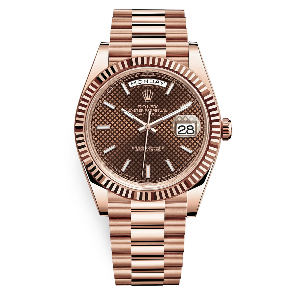 Rolex Day-Date 40 Chocolate Diagonal Motif Dial & Fluted Bezel 18K Everose Gold President 228235-Rolex-JD Watches NY