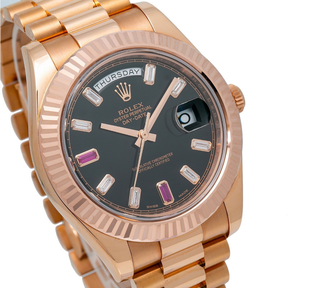 Rolex Day-Date II 41mm 218235 – Black Dial with Factory Ruby & Diamond Markers – 18K Rose Gold President Bracelet-Rolex-JD Watches NY