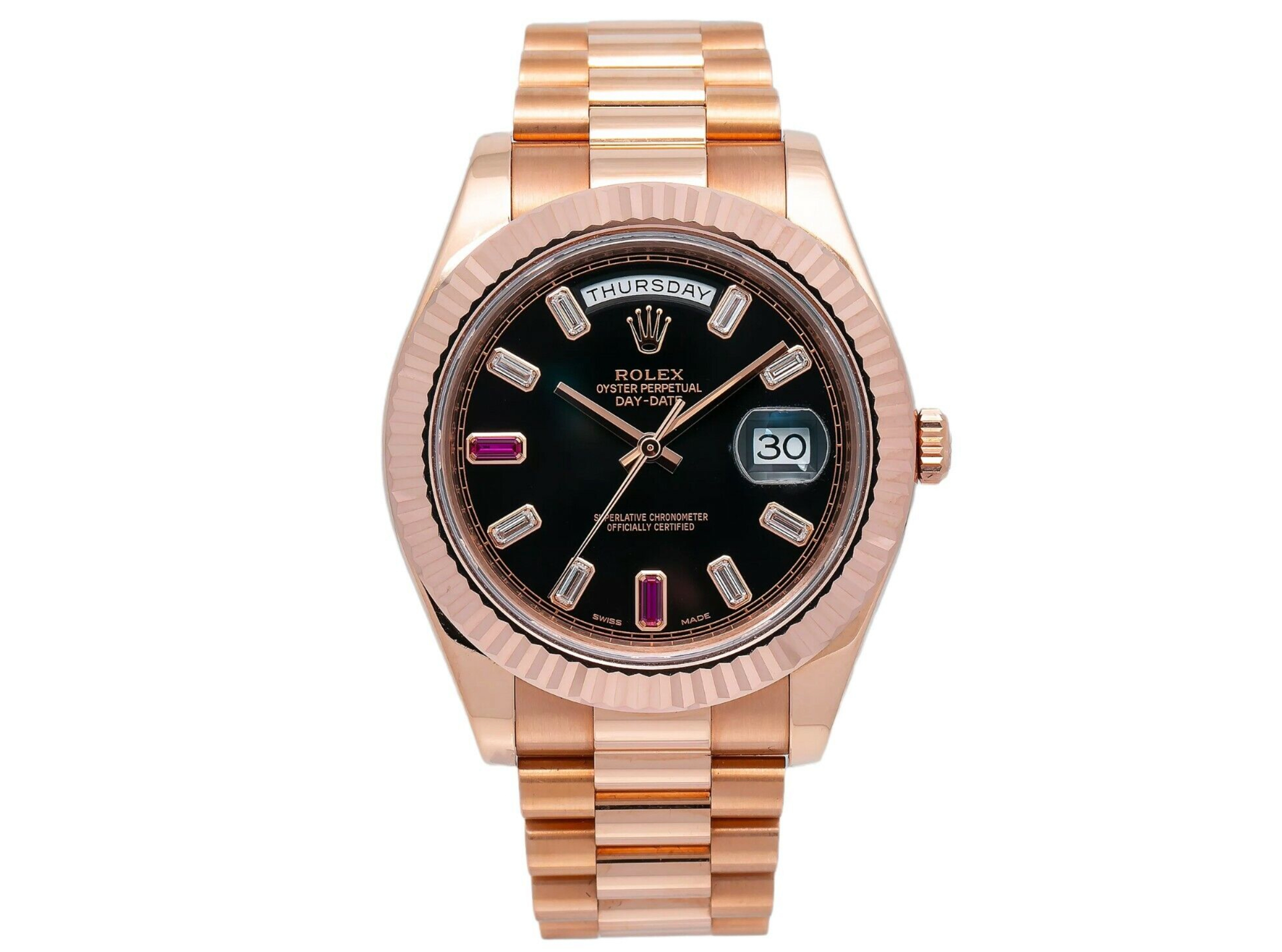 Rolex Day-Date II 41mm 218235 – Black Dial with Factory Ruby & Diamond Markers – 18K Rose Gold President Bracelet-Rolex-JD Watches NY