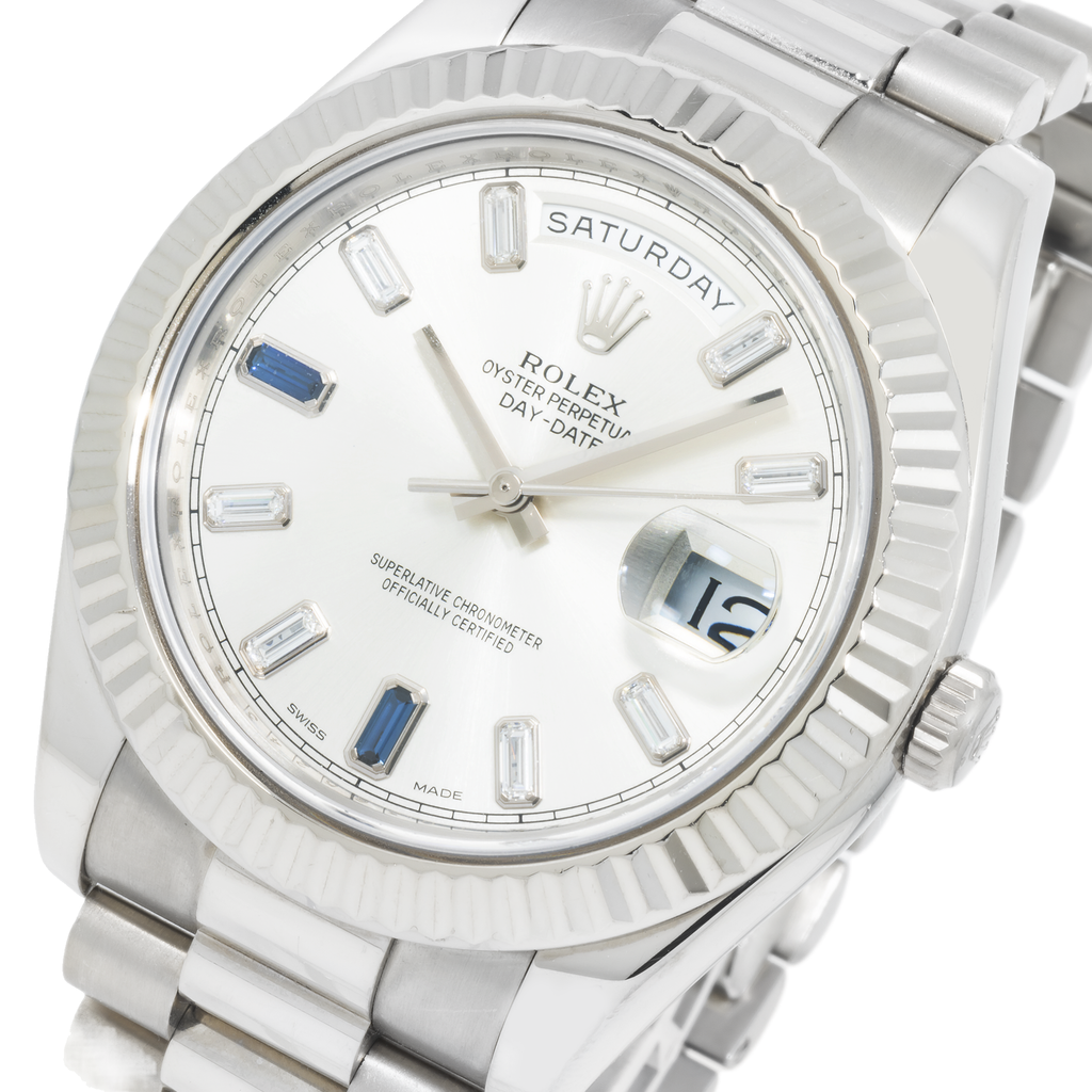 Rolex Day-Date II – White Gold Silver Dial with Blue Sapphire & Baguette Markers Ref. 218239-JD Watches NY-JD Watches NY