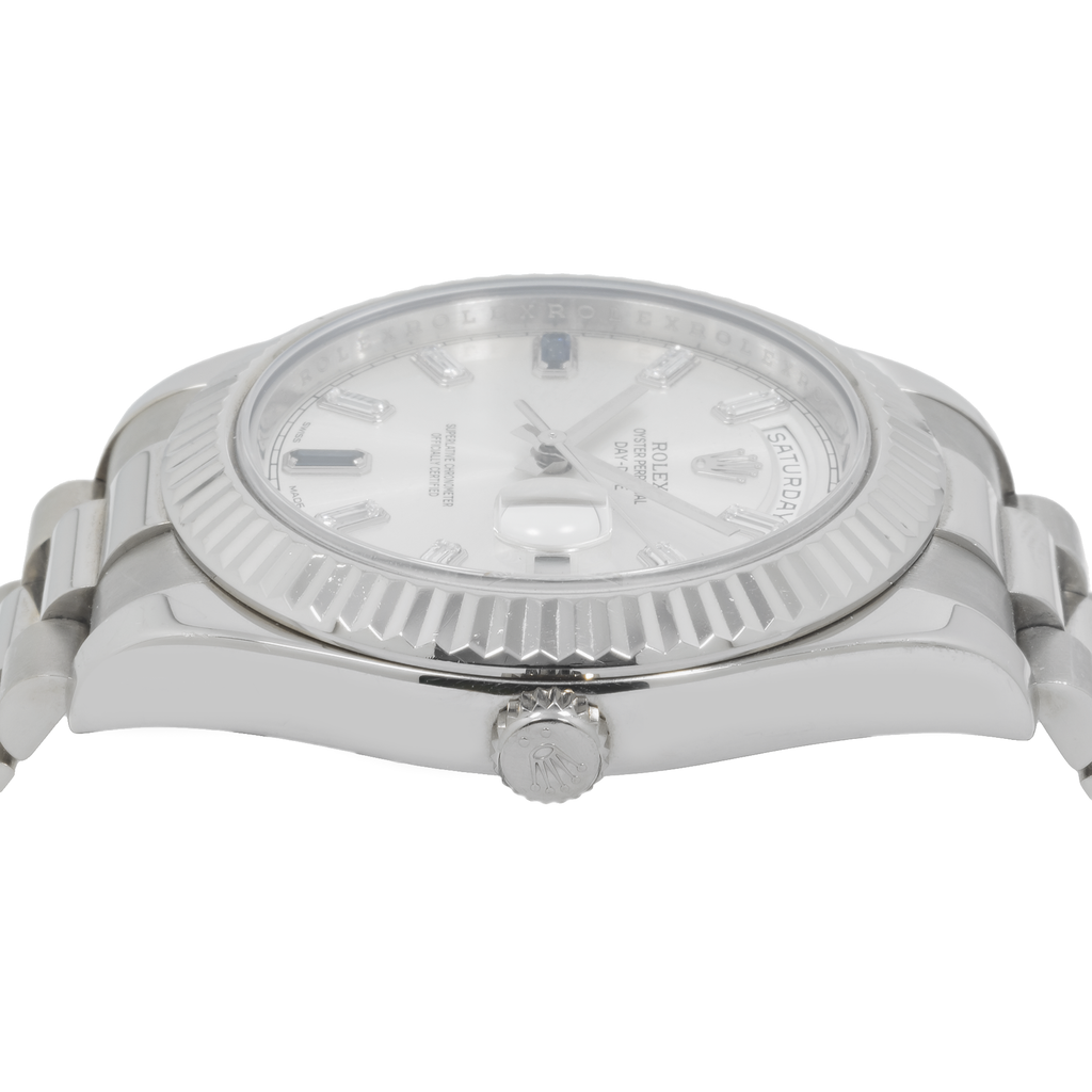 Rolex Day-Date II – White Gold Silver Dial with Blue Sapphire & Baguette Markers Ref. 218239-JD Watches NY-JD Watches NY
