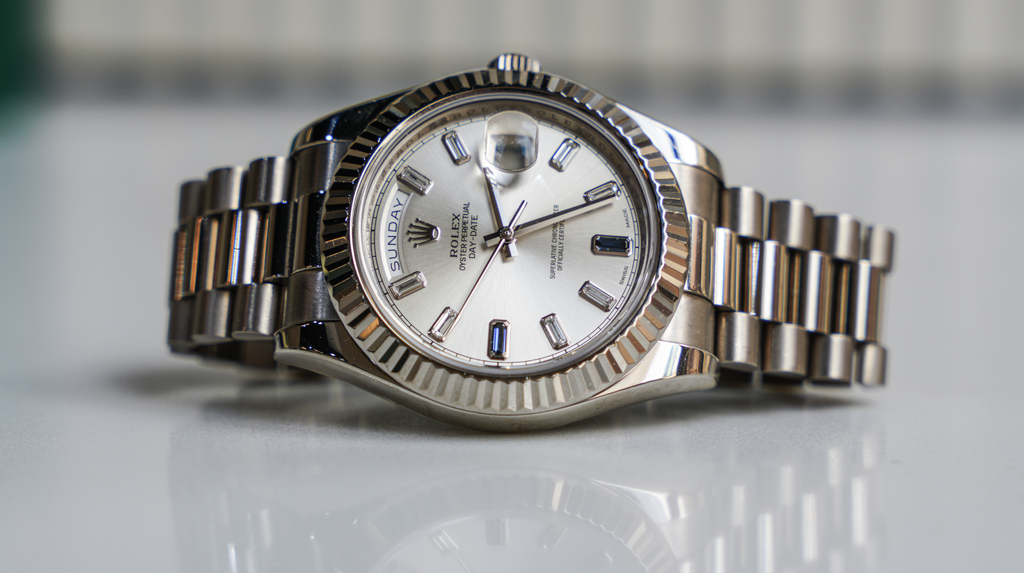 Rolex Day-Date II – White Gold Silver Dial with Blue Sapphire & Baguette Markers Ref. 218239-JD Watches NY-JD Watches NY