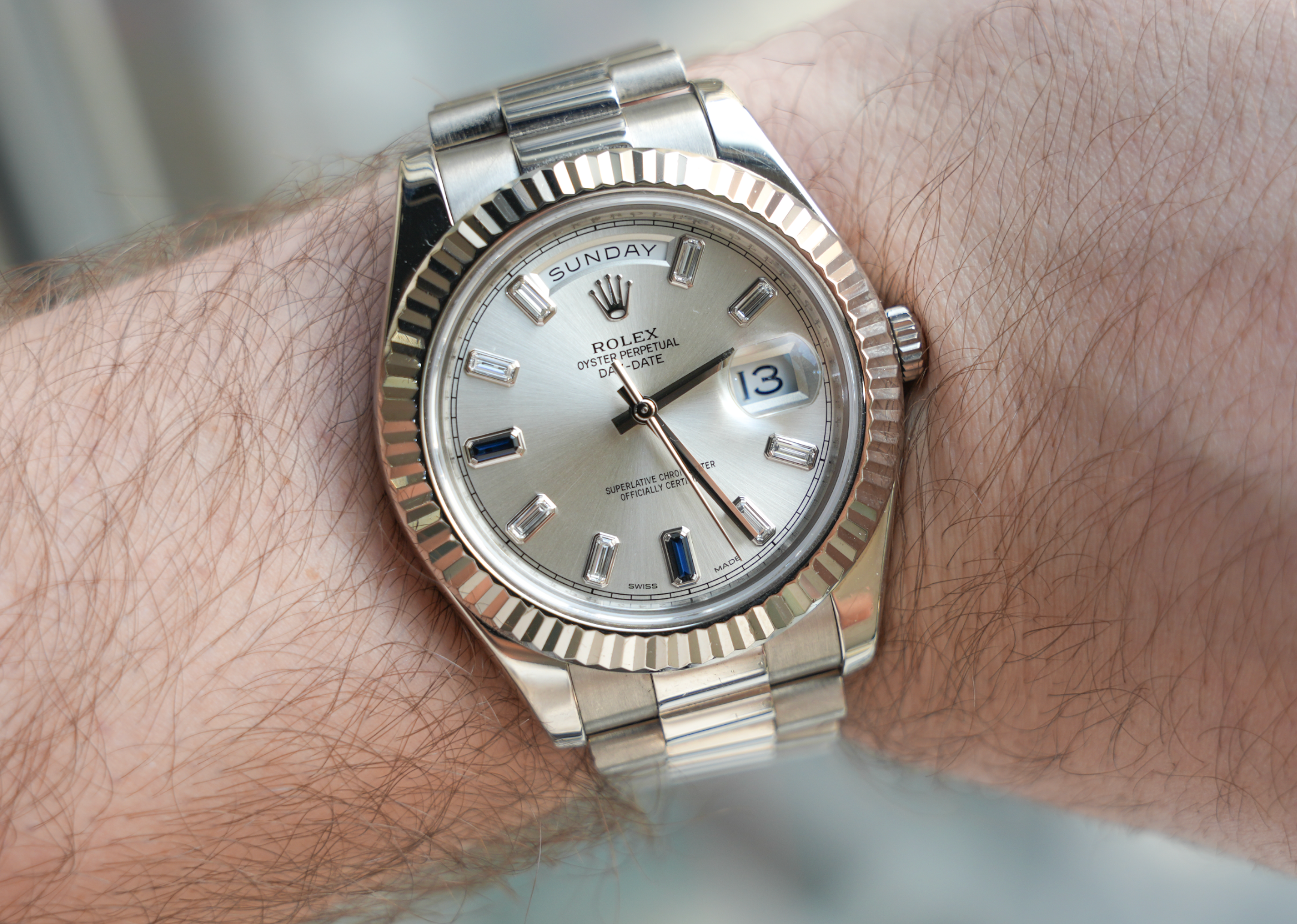 Rolex Day-Date II – White Gold Silver Dial with Blue Sapphire & Baguette Markers Ref. 218239-JD Watches NY-JD Watches NY