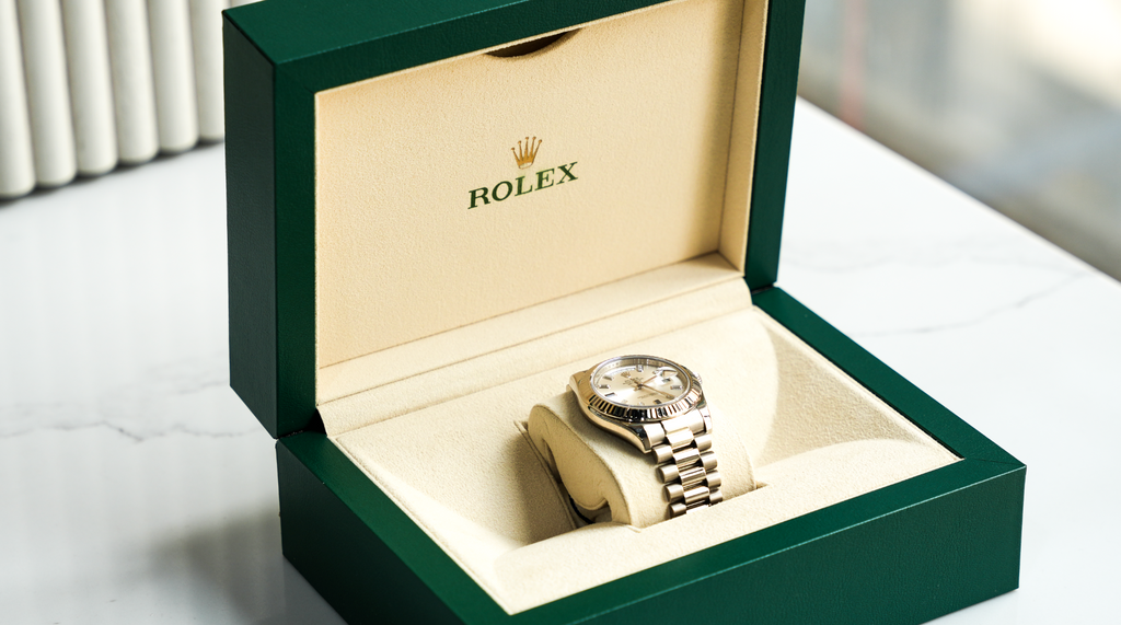 Rolex Day-Date II – White Gold Silver Dial with Blue Sapphire & Baguette Markers Ref. 218239-JD Watches NY-JD Watches NY