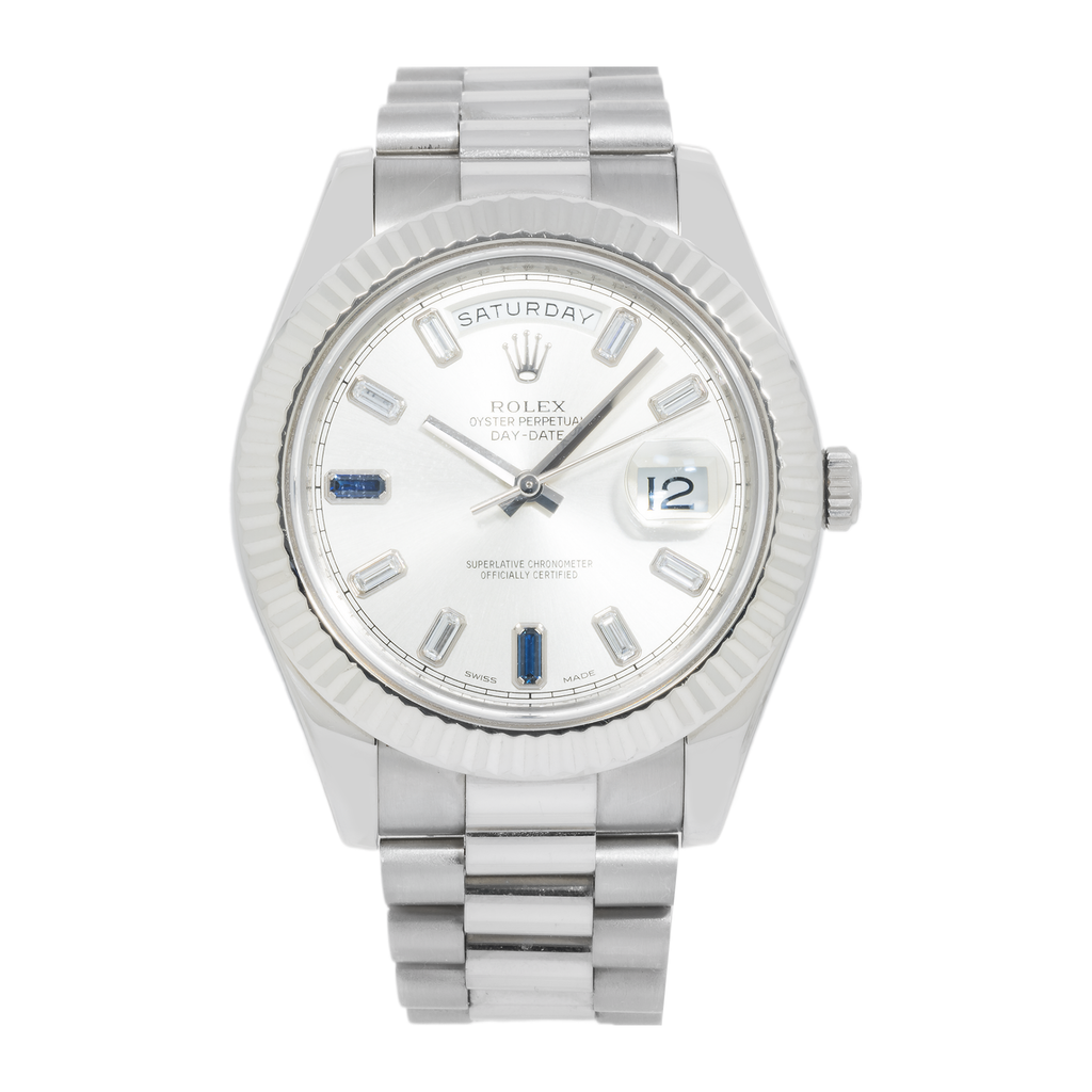 Rolex Day-Date II – White Gold Silver Dial with Blue Sapphire & Baguette Markers Ref. 218239-JD Watches NY-JD Watches NY