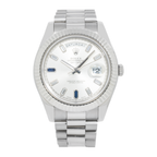 Rolex Day-Date II – White Gold Silver Dial with Blue Sapphire & Baguette Markers Ref. 218239-JD Watches NY-JD Watches NY