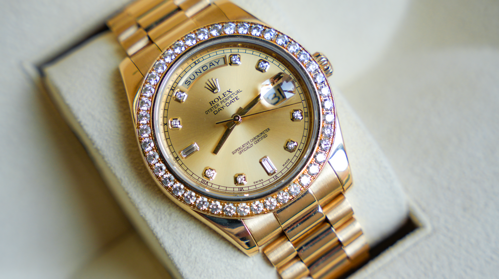 Rolex President Day-Date 36 – Yellow Gold Champagne Dial with Diamond Bezel & Markers-Rolex-JD Watches NY