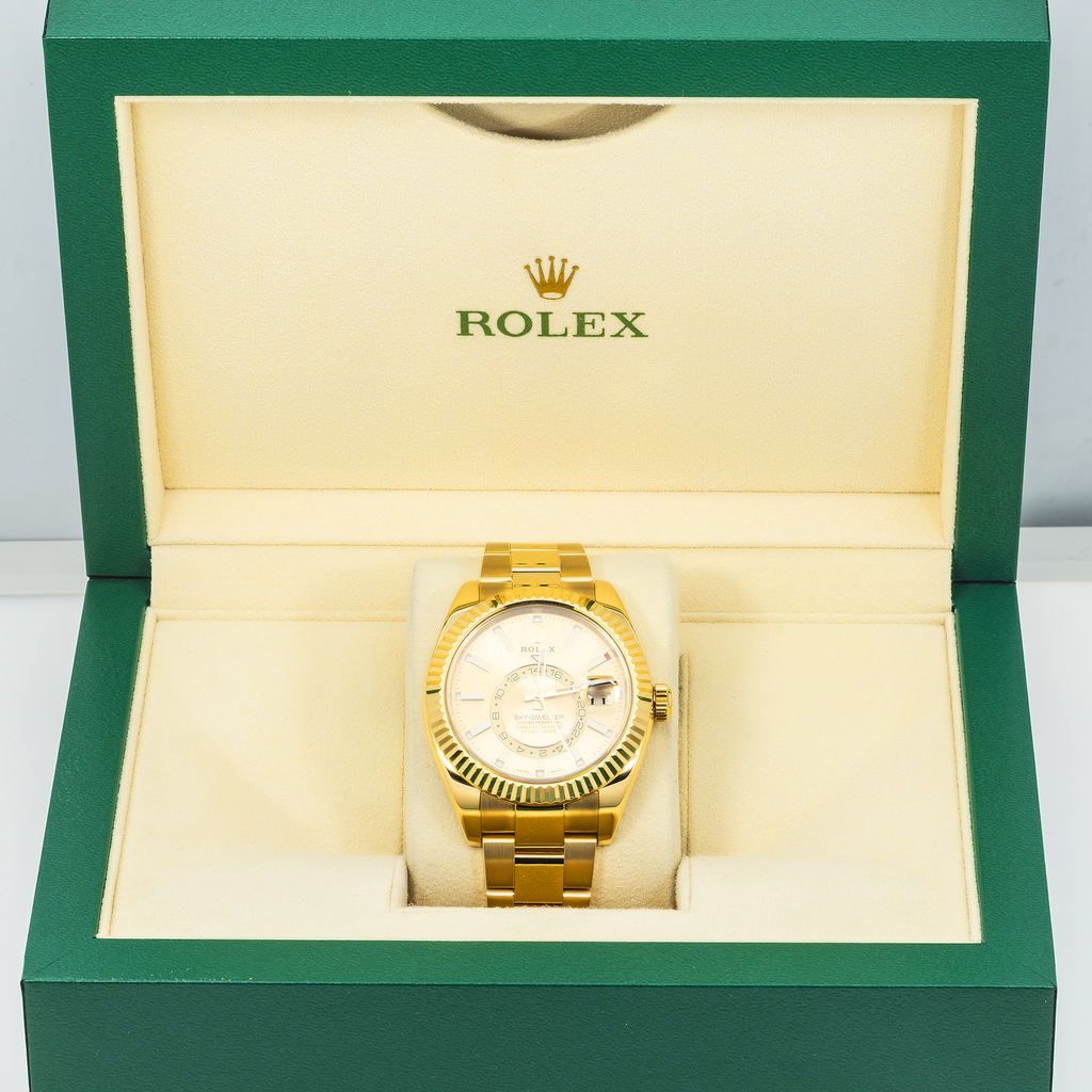 Rolex Sky-Dweller 326938 42mm 18k Yellow Gold Champagne Dial with Champagne Hour Markers – Oyster Bracelet (Year: 2020-2024)-Rolex-JD Watches NY