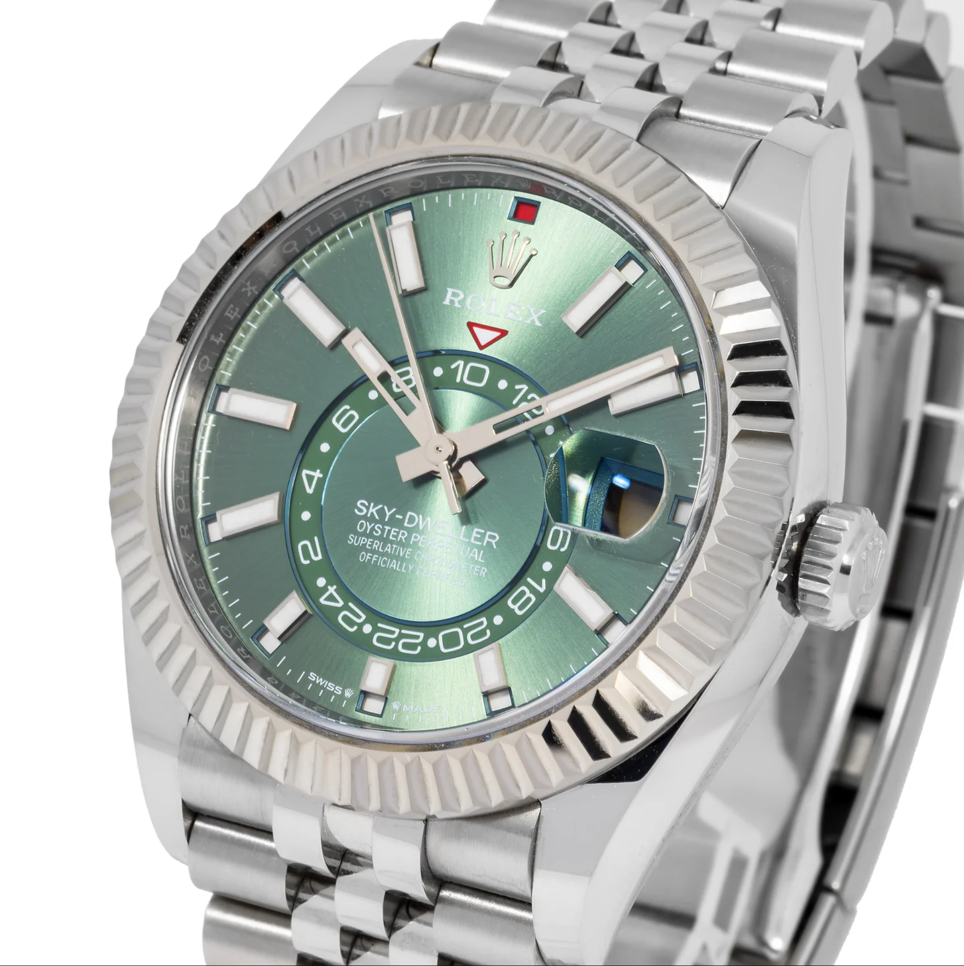 Sky-Dweller – Stainless Steel with Green Dial and Fluted Bezel on Jubilee Bracelet Ref. 336934