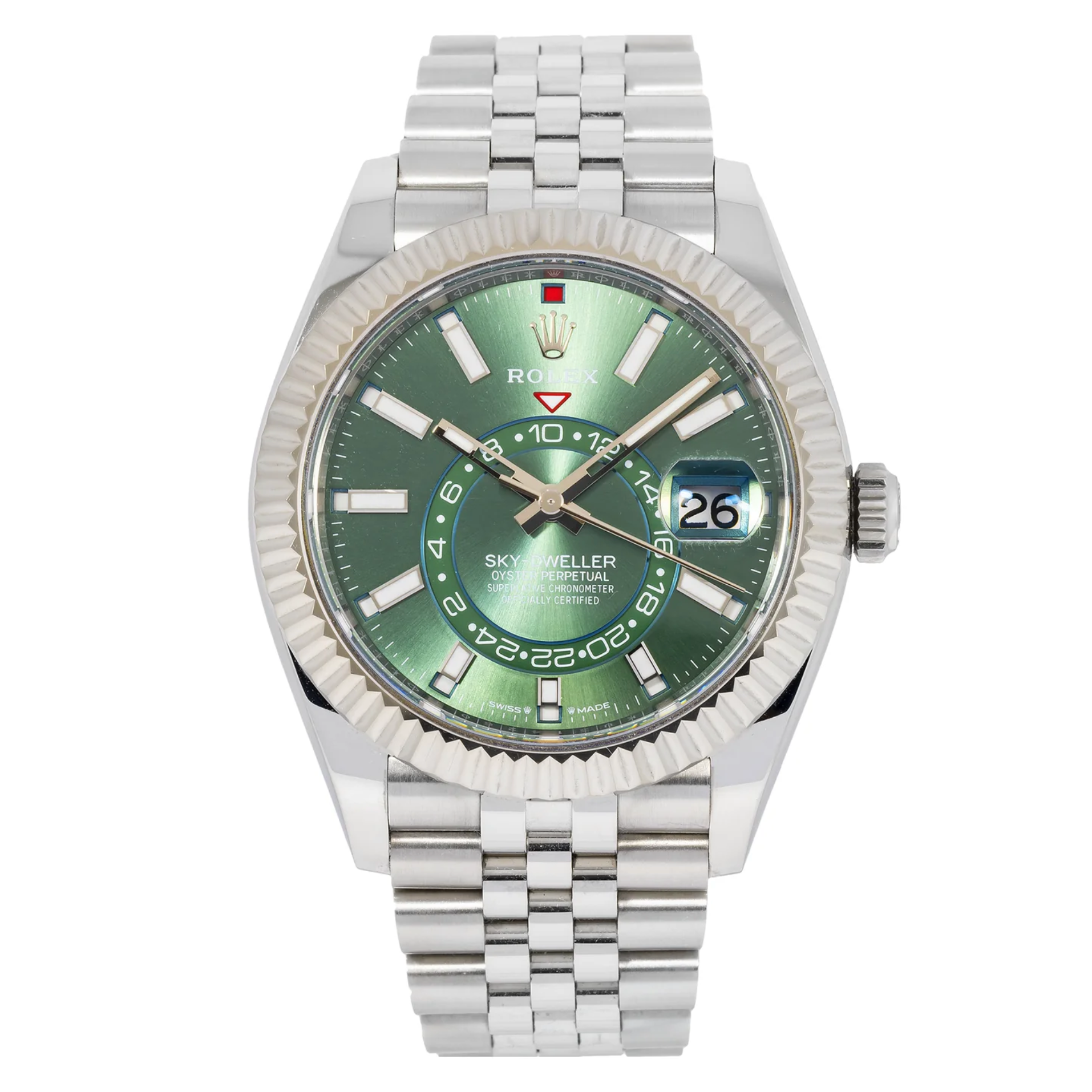 Sky-Dweller – Stainless Steel with Green Dial and Fluted Bezel on Jubilee Bracelet Ref. 336934