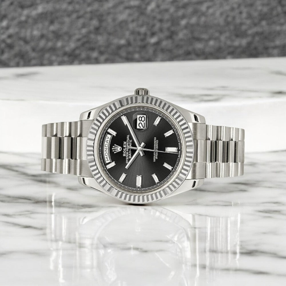 Rolex White Gold Day-Date 40 Watch Black Baguette Diamond Dial - President Bracelet-Rolex-JD Watches NY