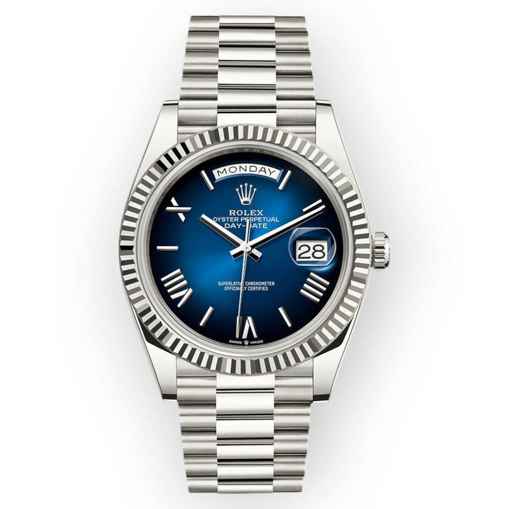 Rolex White Gold Day-Date 40 Watch Blue Ombré Roman Dial - President Bracelet-Rolex-JD Watches NY