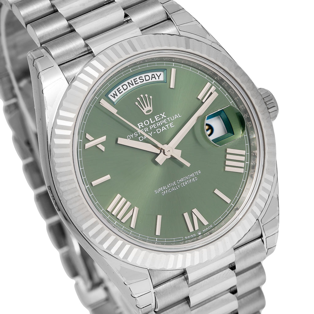 Rolex White Gold Day-Date 40 Watch Olive Green Roman Dial - President Bracelet 228239-Rolex-JD Watches NY