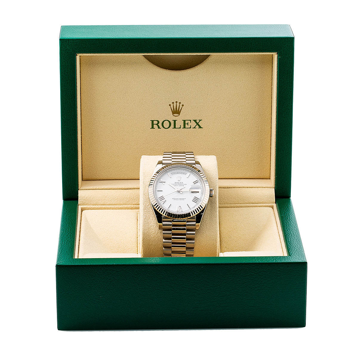 Rolex White Gold Day-Date 40 Watch White Roman Dial - President Bracelet 228239-Rolex-JD Watches NY