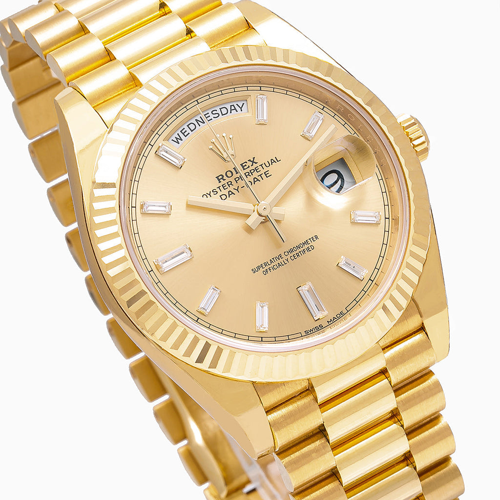 Rolex Yellow Gold Day-Date 40 Watch Champagne Baguette Diamond Dial - President Bracelet-Rolex-JD Watches NY