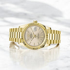 Rolex Yellow Gold Day-Date 40 Watch Silver Diagonal Motif Index Dial - President Bracelet 228238-Rolex-JD Watches NY