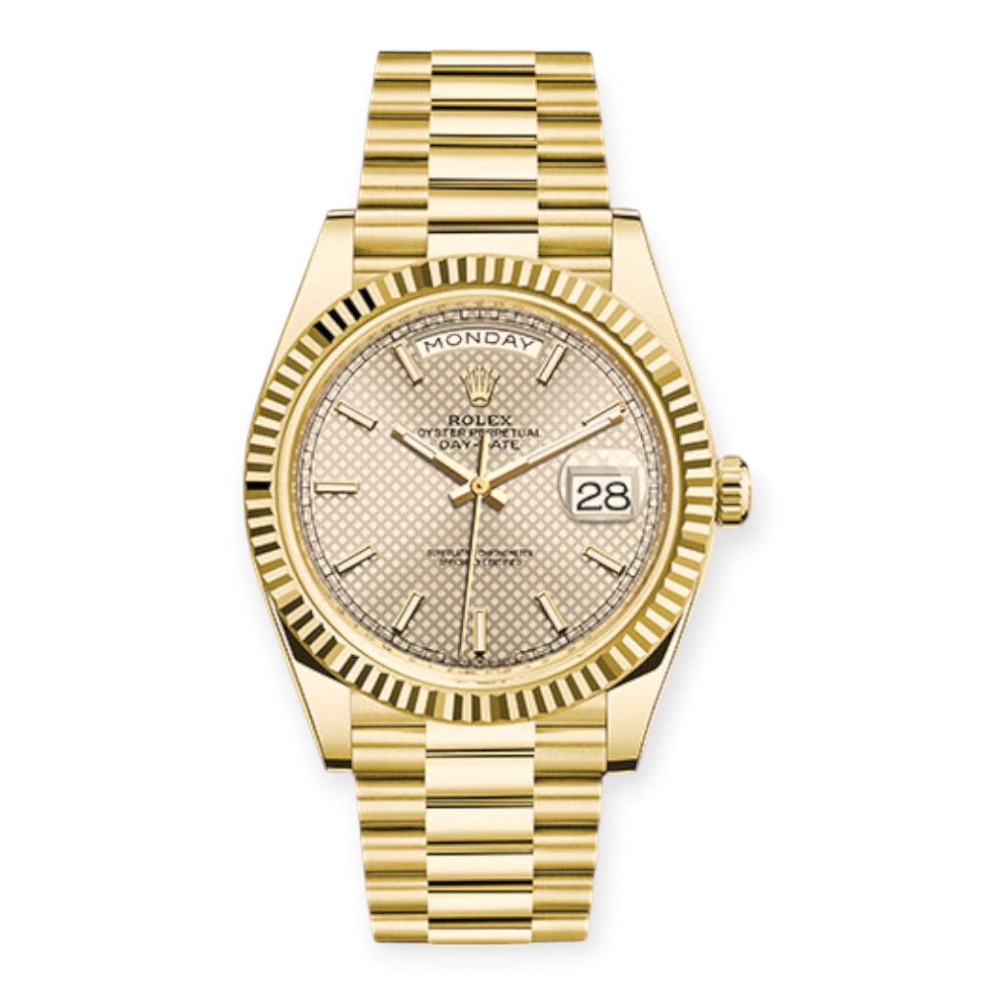 Rolex Yellow Gold Day-Date 40 Watch Silver Diagonal Motif Index Dial - President Bracelet 228238-Rolex-JD Watches NY