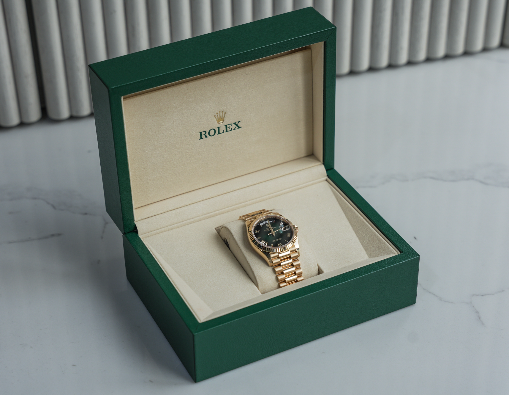 Day-Date 36mm Yellow Gold Green Ombre Roman Numeral Dial – Ref. 128238