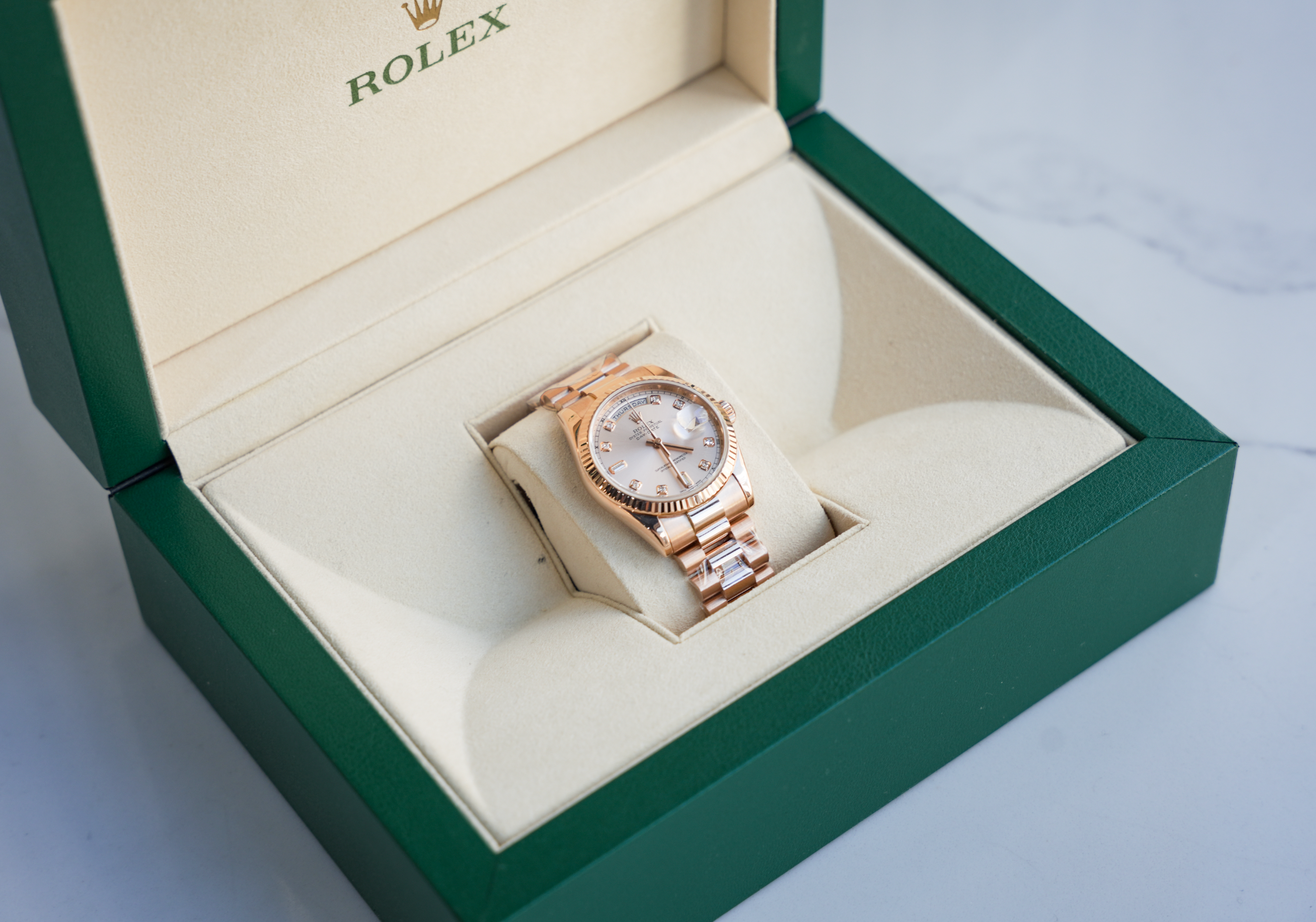 Day-Date 36 118235 Everose Gold Pink Dial Diamond Hour Markers President Bracelet