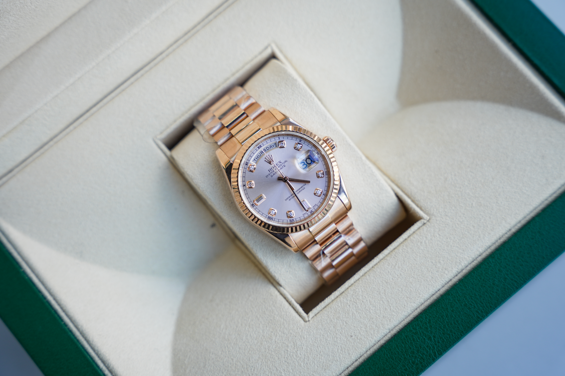 Day-Date 36 118235 Everose Gold Pink Dial Diamond Hour Markers President Bracelet