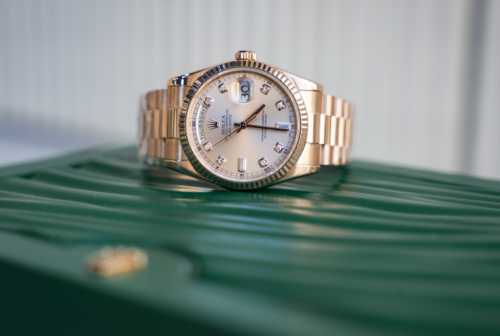 Day-Date 36 118235 Everose Gold Pink Dial Diamond Hour Markers President Bracelet