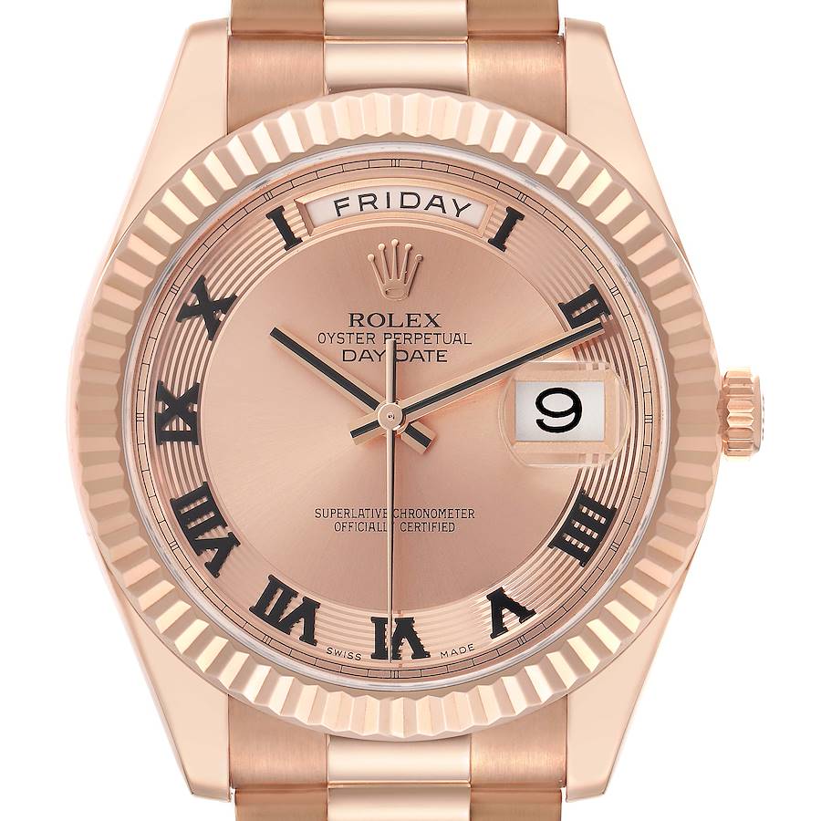Day-Date II Concentric Roman Dial Rose Gold Mens Watch 218235 Box Card