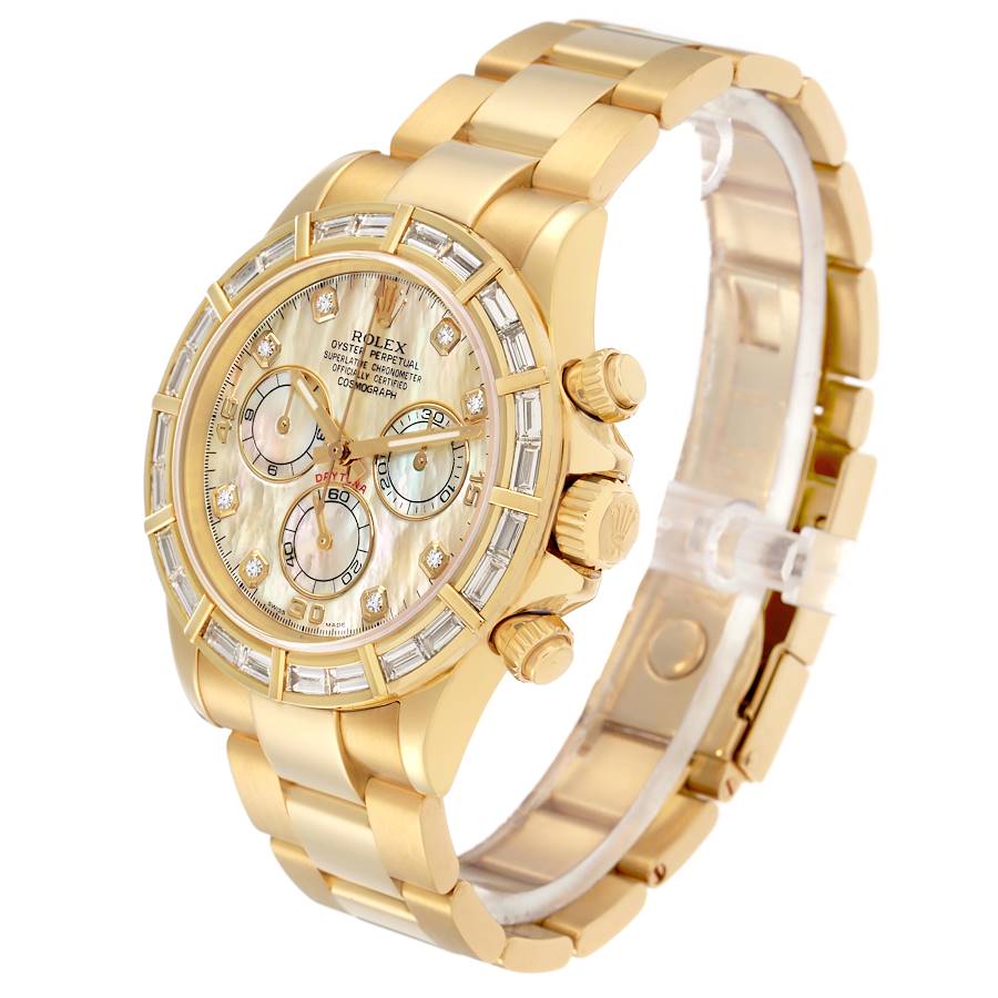 Daytona Yellow Gold MOP Baguette Diamond Bezel Watch 116568 Box Papers