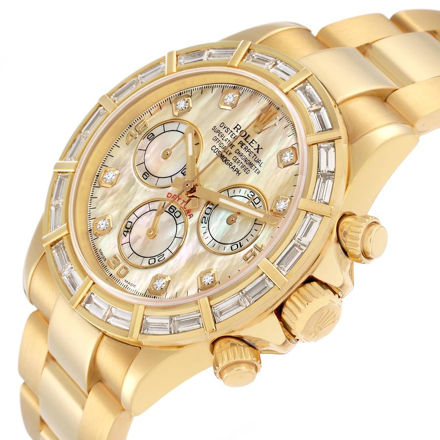 Daytona Yellow Gold MOP Baguette Diamond Bezel Watch 116568 Box Papers