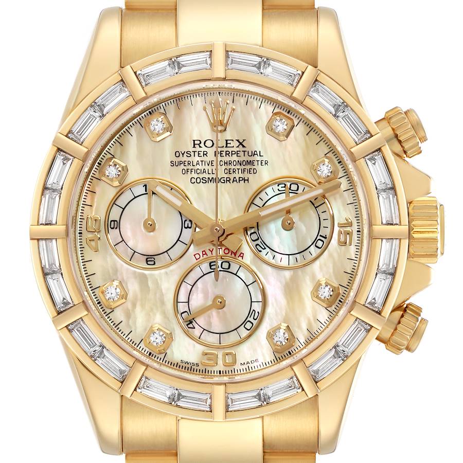 Daytona Yellow Gold MOP Baguette Diamond Bezel Watch 116568 Box Papers