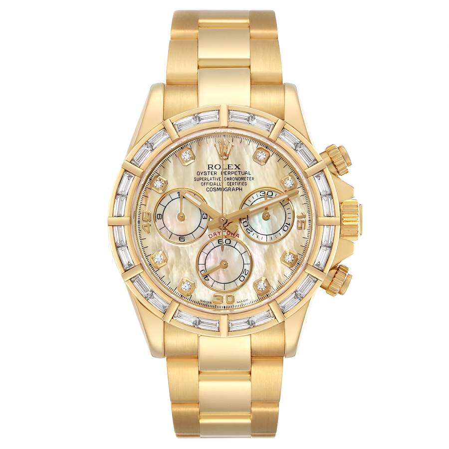 Daytona Yellow Gold MOP Baguette Diamond Bezel Watch 116568 Box Papers