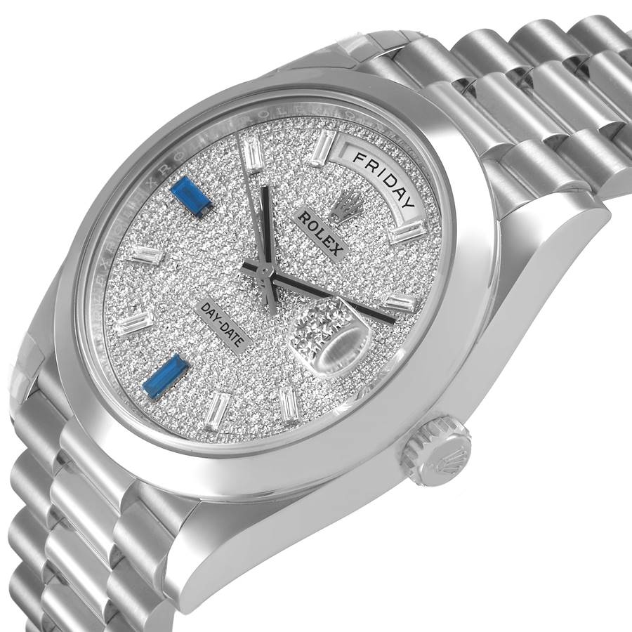 President Day-Date 40 Diamond Sapphire Platinum Mens Watch 228206 Box Card