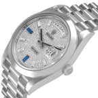 President Day-Date 40 Diamond Sapphire Platinum Mens Watch 228206 Box Card