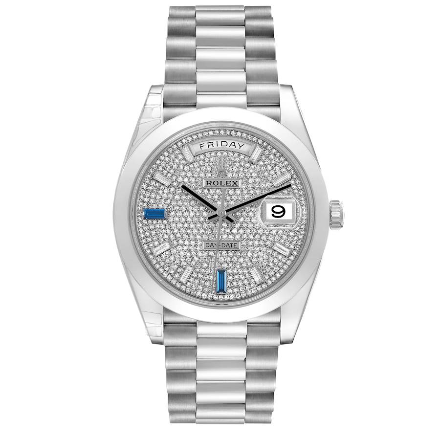 President Day-Date 40 Diamond Sapphire Platinum Mens Watch 228206 Box Card